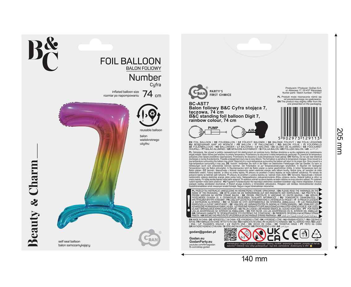 B&C standing foil balloon Digit 7, rainbow colour, 74 cm